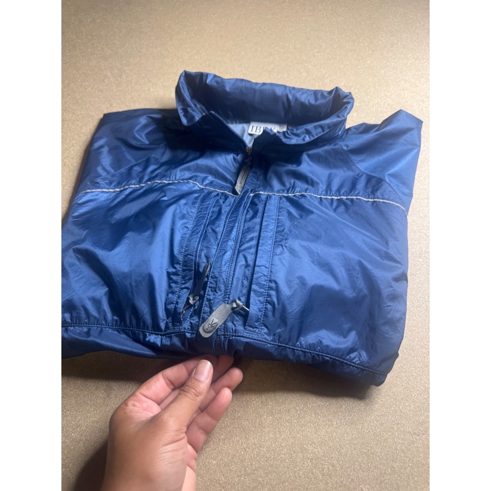 Ibex Mens XL Blue Nylon Hooded Windbreaker Jacket Full Zip Reflective Running